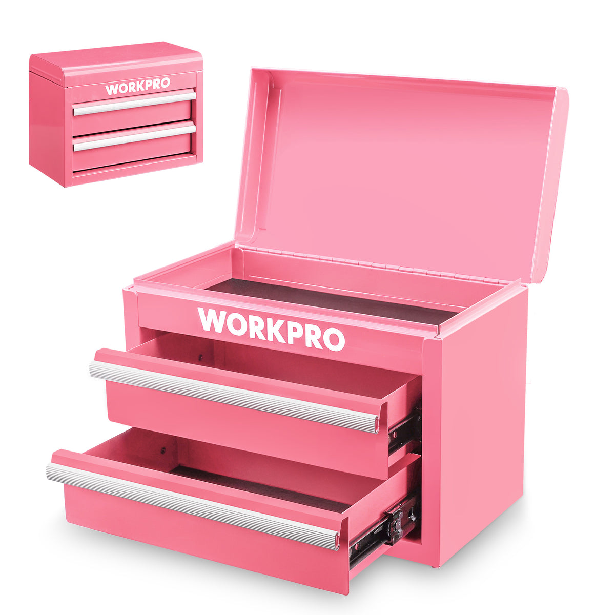 Pink mini metal tool box with two drawers and top lid storage, angled view
