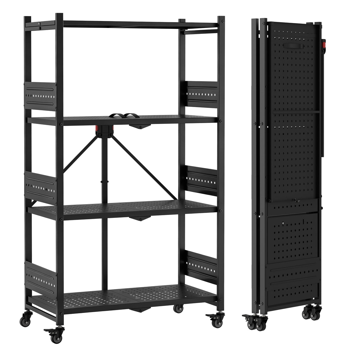 Workpro 4-tier folding shelf in black with perforated metal construction and swivel wheels with two brakes.