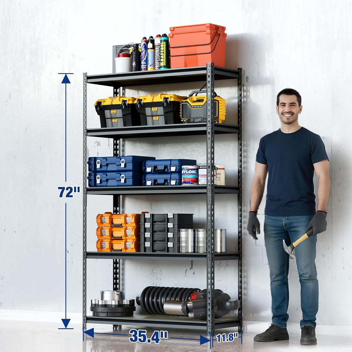 Black 5-tier adjustable metal shelving unit with black shelves, loaded with storage bins