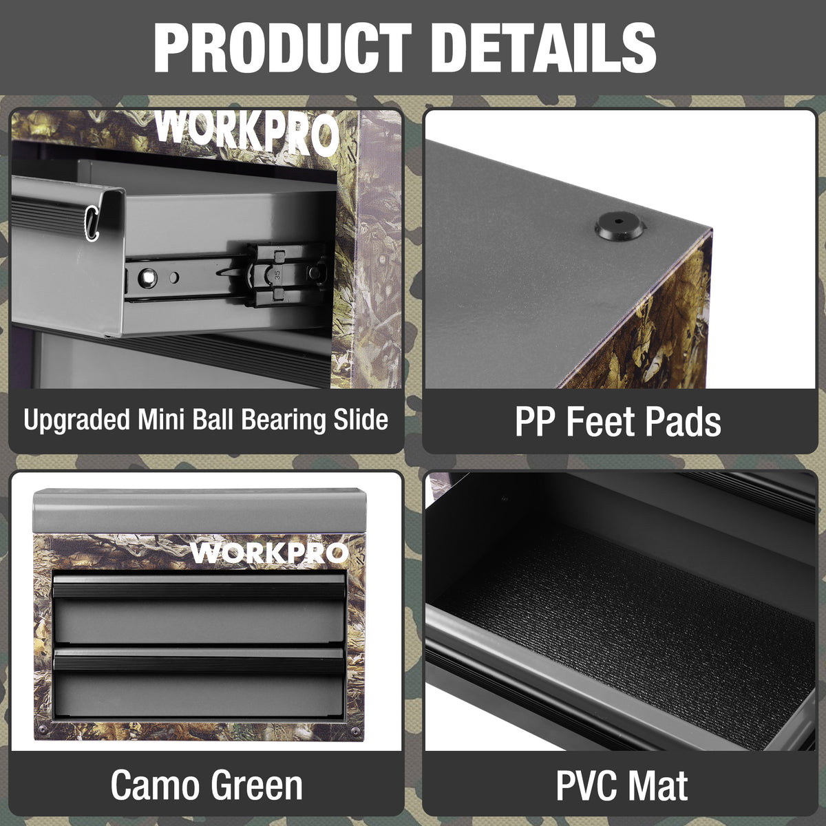 Camouflage green mini metal toolbox detail: ball-bearing slide and PP feet pads