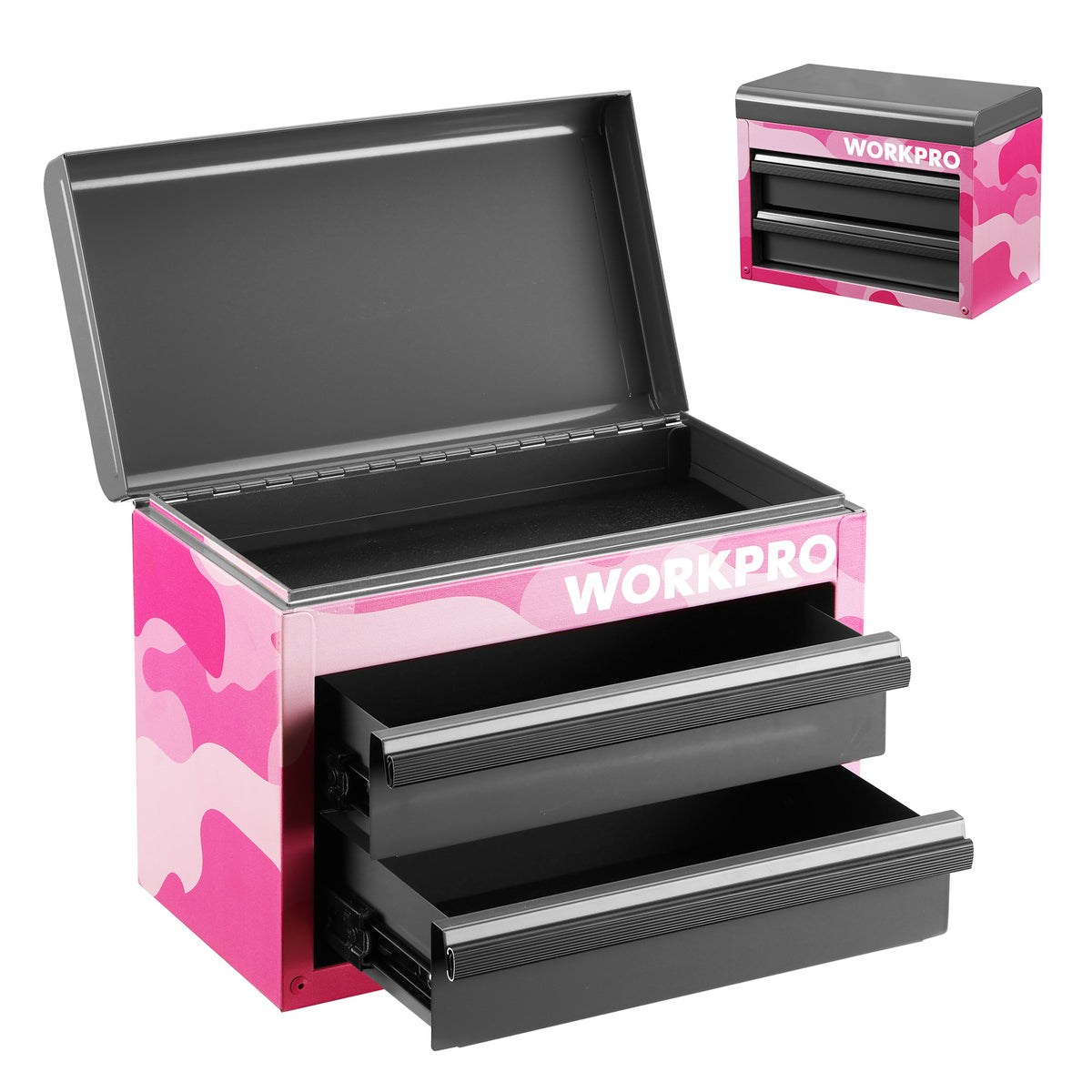 Pink camo mini metal tool box with open lid and two black drawers, top storage