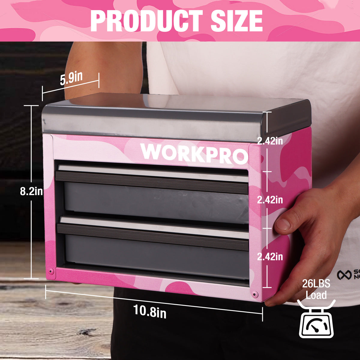 Pink camouflage mini metal tool chest with two open drawers and gray top, pushed by hand