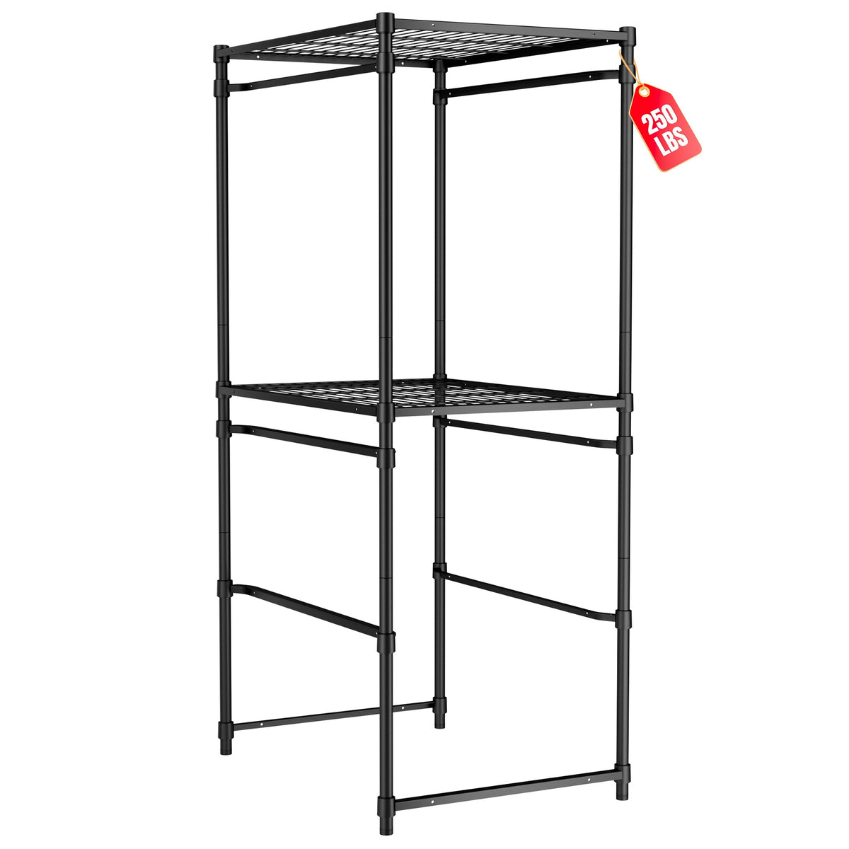 Black 5-tier metal storage rack with wire shelves and upright corner posts.