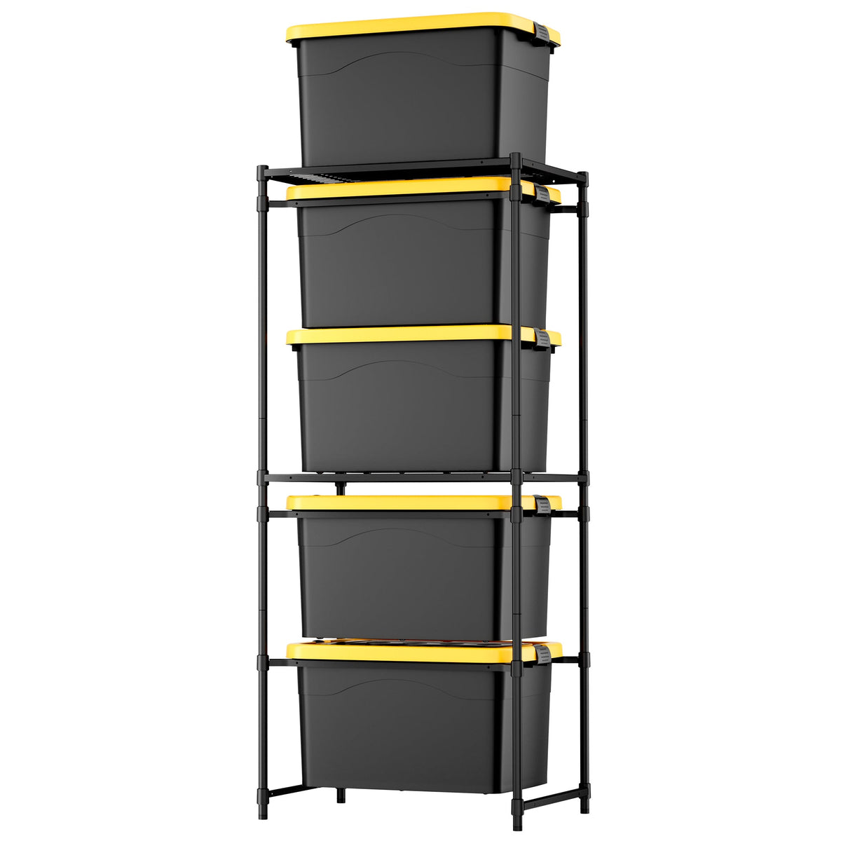 Black 5-tier rack with stacked dark totes and yellow latch bands, front view.