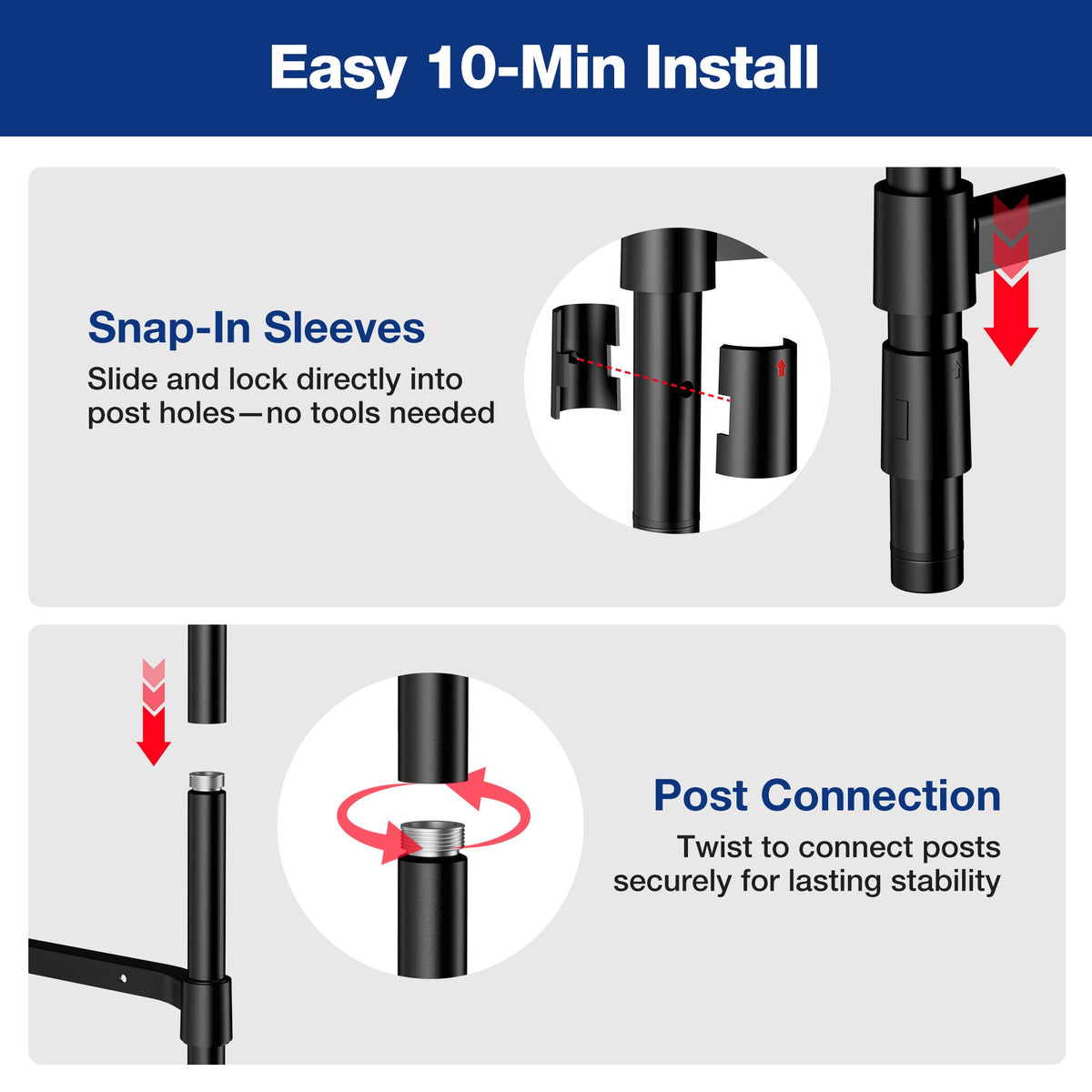 Black metal rack frame with snap-in sleeves and twist-lock post connection detail.
