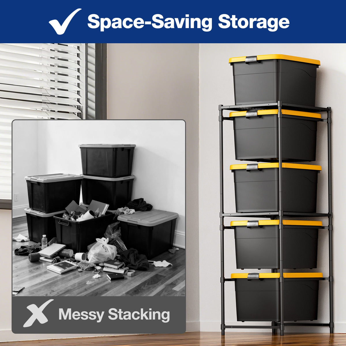 Black 5-tier storage rack with stacked dark bins and yellow latch bands, space-saving setup.