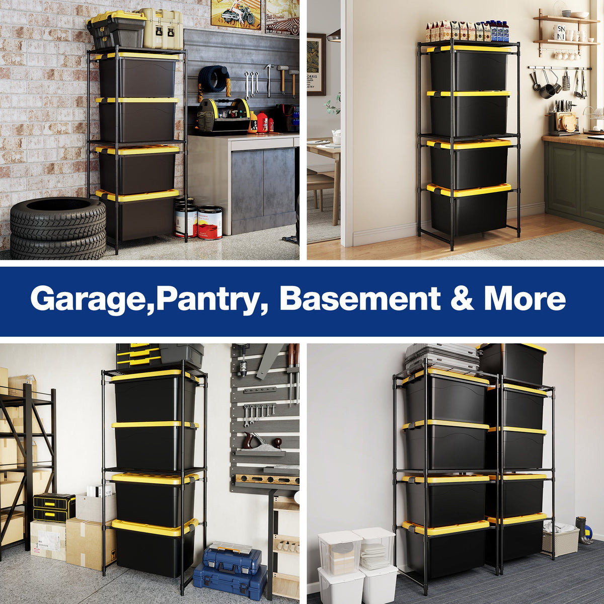 Black 5-tier storage rack with yellow-latch bins, shown in multiple room arrangements.
