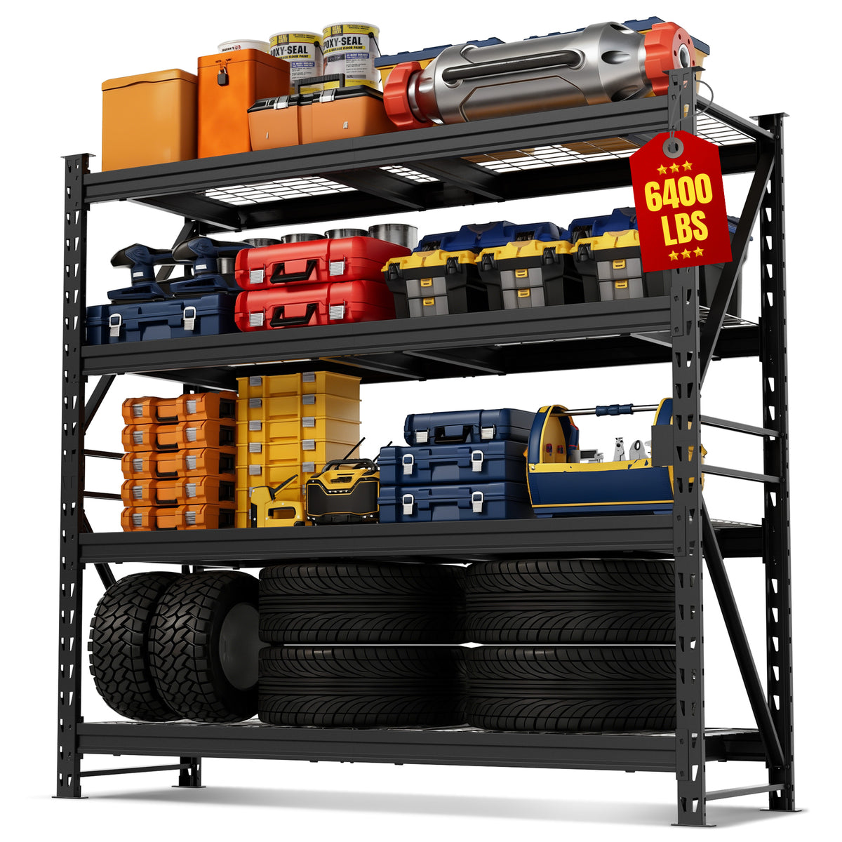 Workpro extra-width garage shelving units in black, loaded with tools, cases and tires for organized storage.