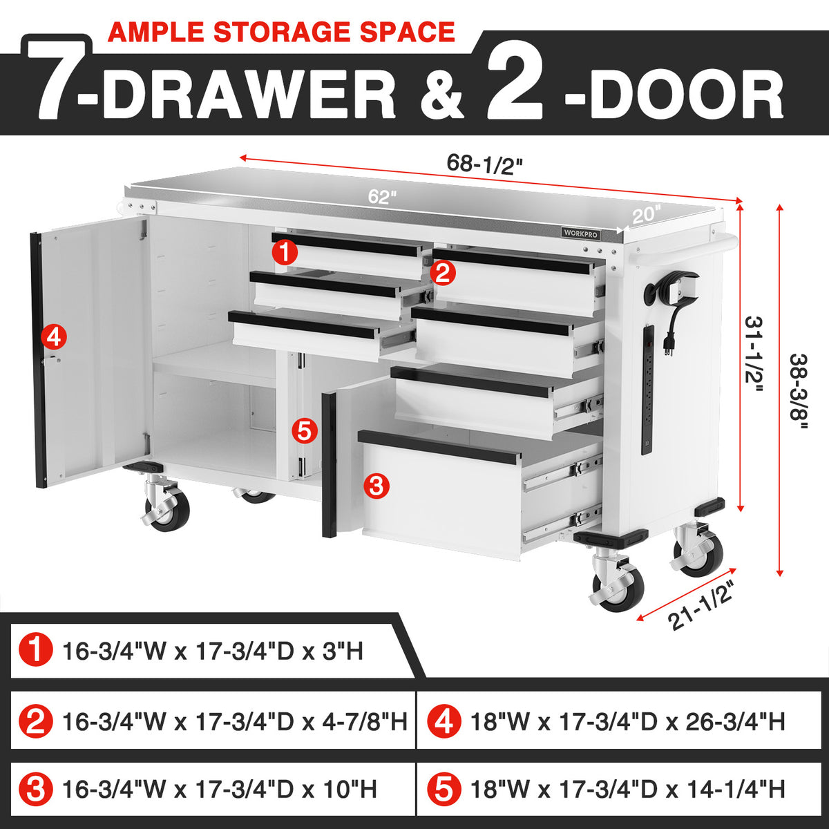 WORKPRO open rolling tool cabinet with 7 drawers and two doors on casters