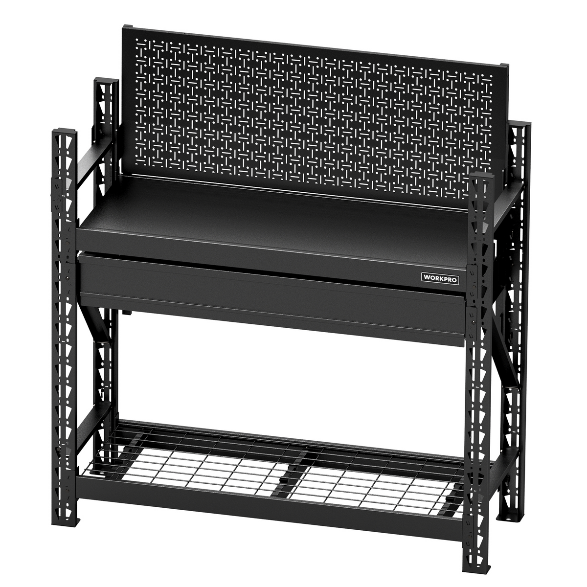 Workpro 50 inch heavy duty steel workbench in black with a 1 centimetre-thick tabletop for workshop use.