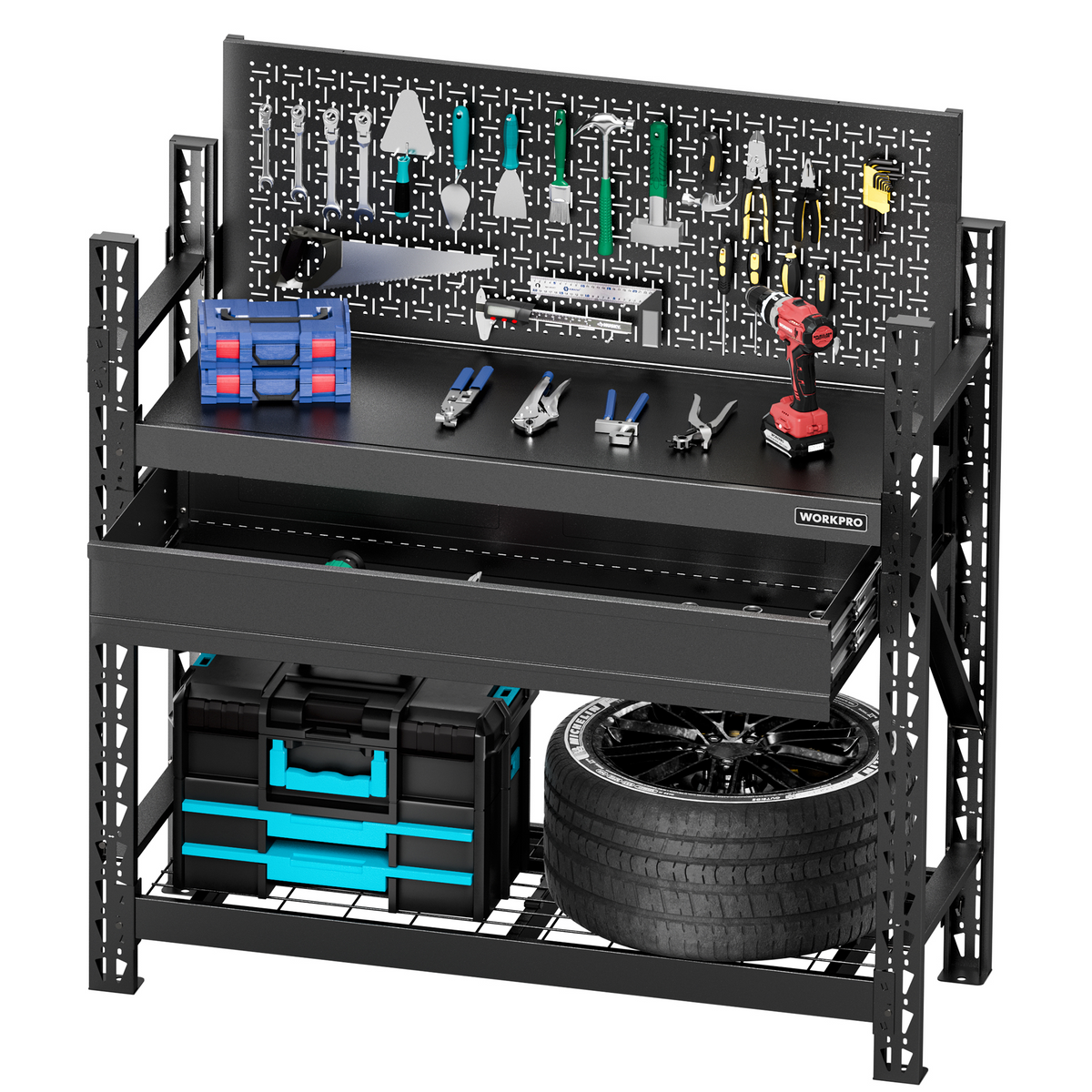 Workpro 50 inch heavy duty steel workbench in black with a 1 centimetre-thick tabletop and organized tools
