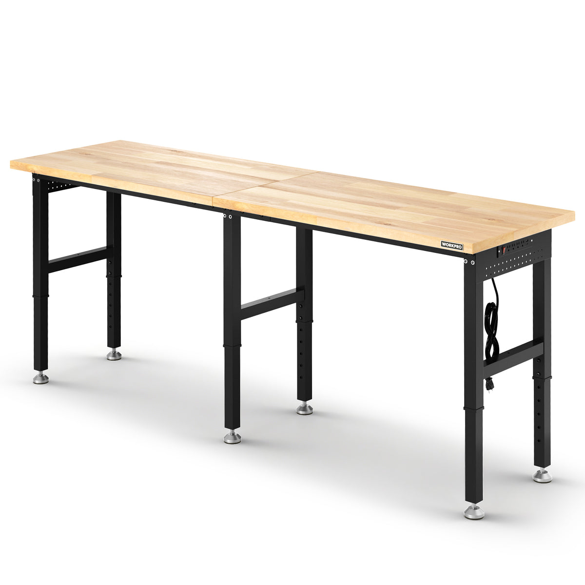 Workpro large workbench with adjustable height and power outlet, light wood top with Q195 steel tube frame