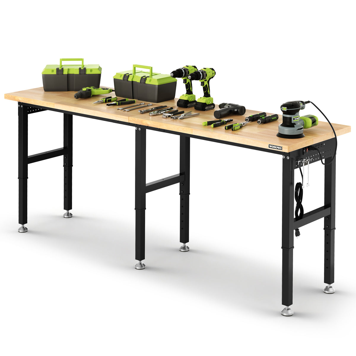 Workpro large workbench with adjustable height and power outlet, solid rubber wood top and black steel tube frame.