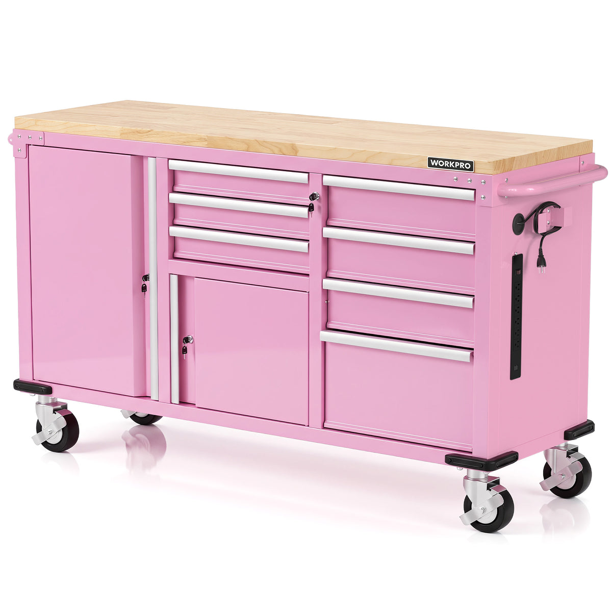 Pink 7-drawer rolling tool chest with 2 doors, hardwood top, and caster wheels