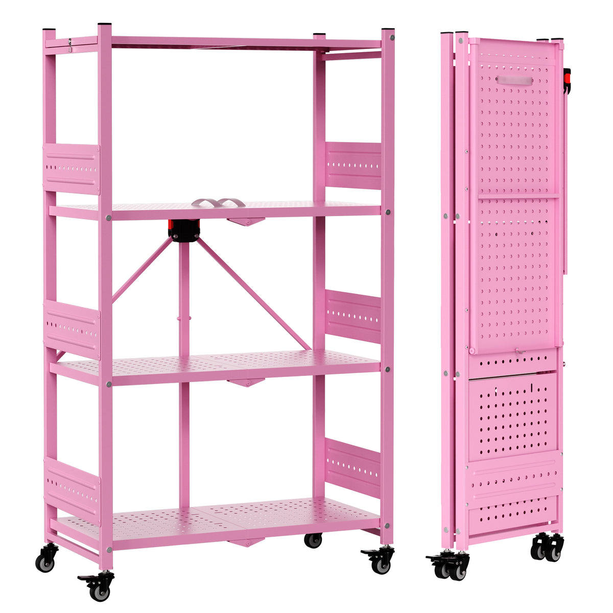 Workpro 4-tier folding shelf in pink with perforated metal shelves and four wheels, folds for compact storage