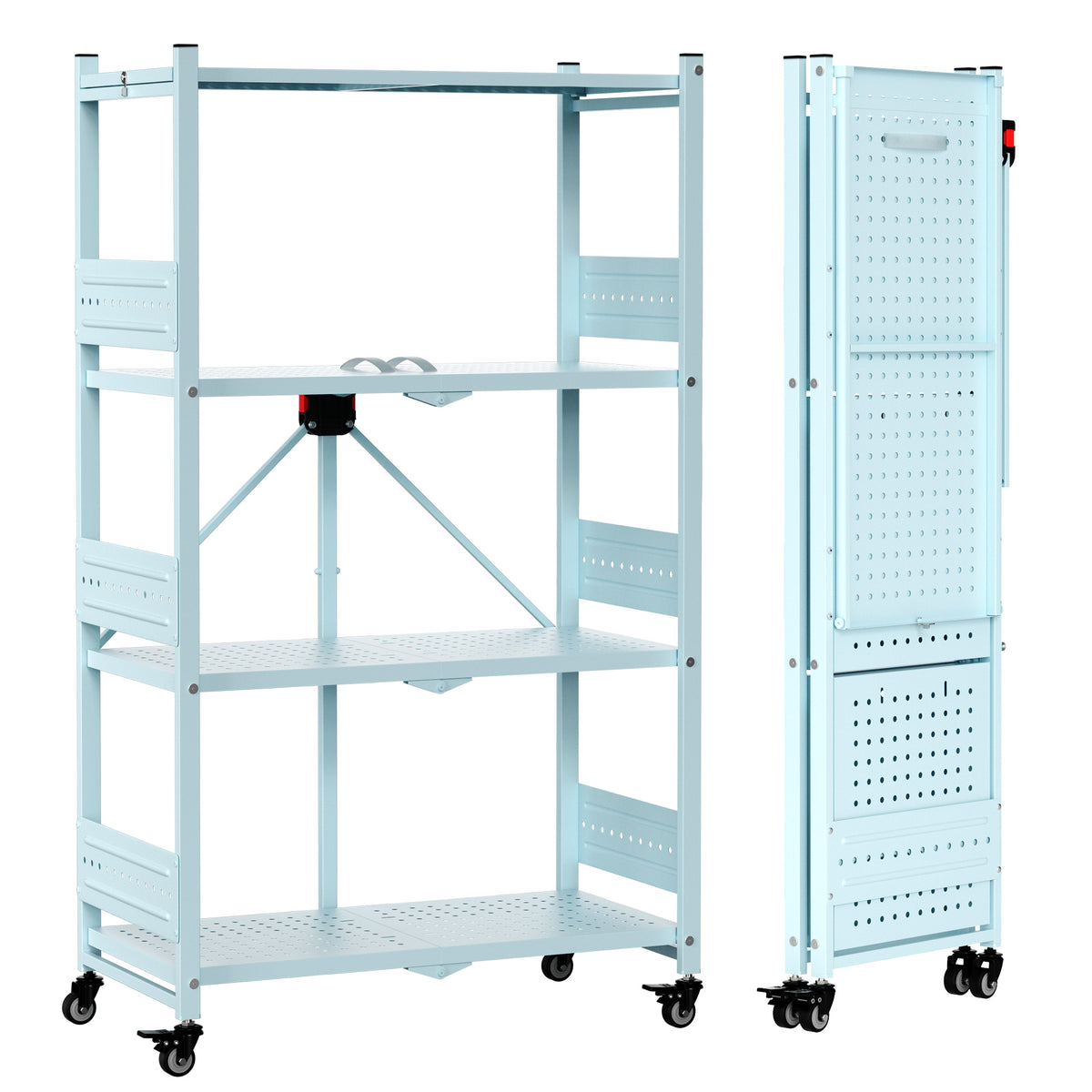 Workpro 4-tier folding shelf in pale blue with perforated steel shelves and freestanding storage design.
