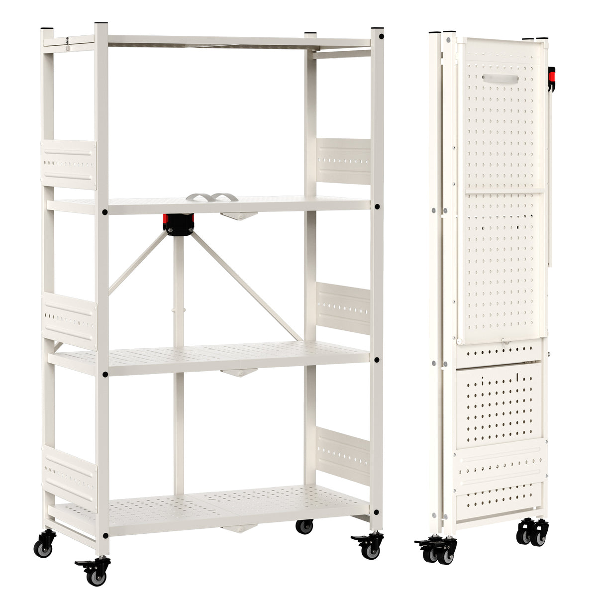 Workpro 4-tier folding shelf in white with ventilated shelves and two lockable caster wheels