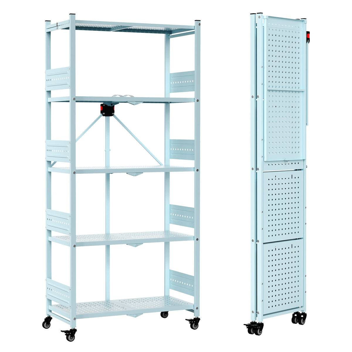 Workpro 5-tier folding shelf in light blue with a durable steel frame and perforated shelves.