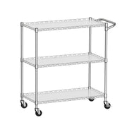 Workpro 3-tier utility cart in silver with wire shelves and four caster wheels for mobile storage.