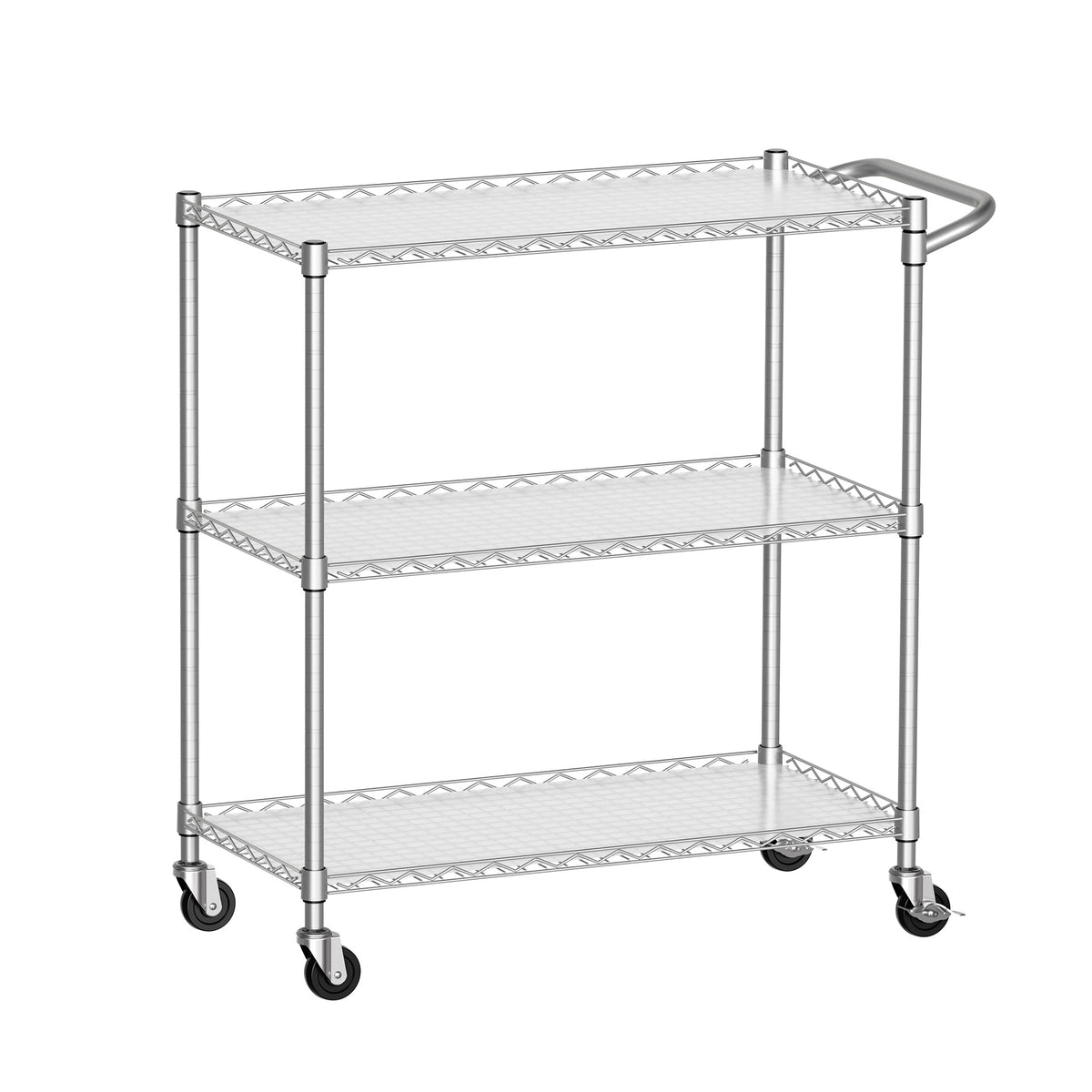 Workpro 3-tier utility cart in silver with wire shelves and four caster wheels for mobile storage.