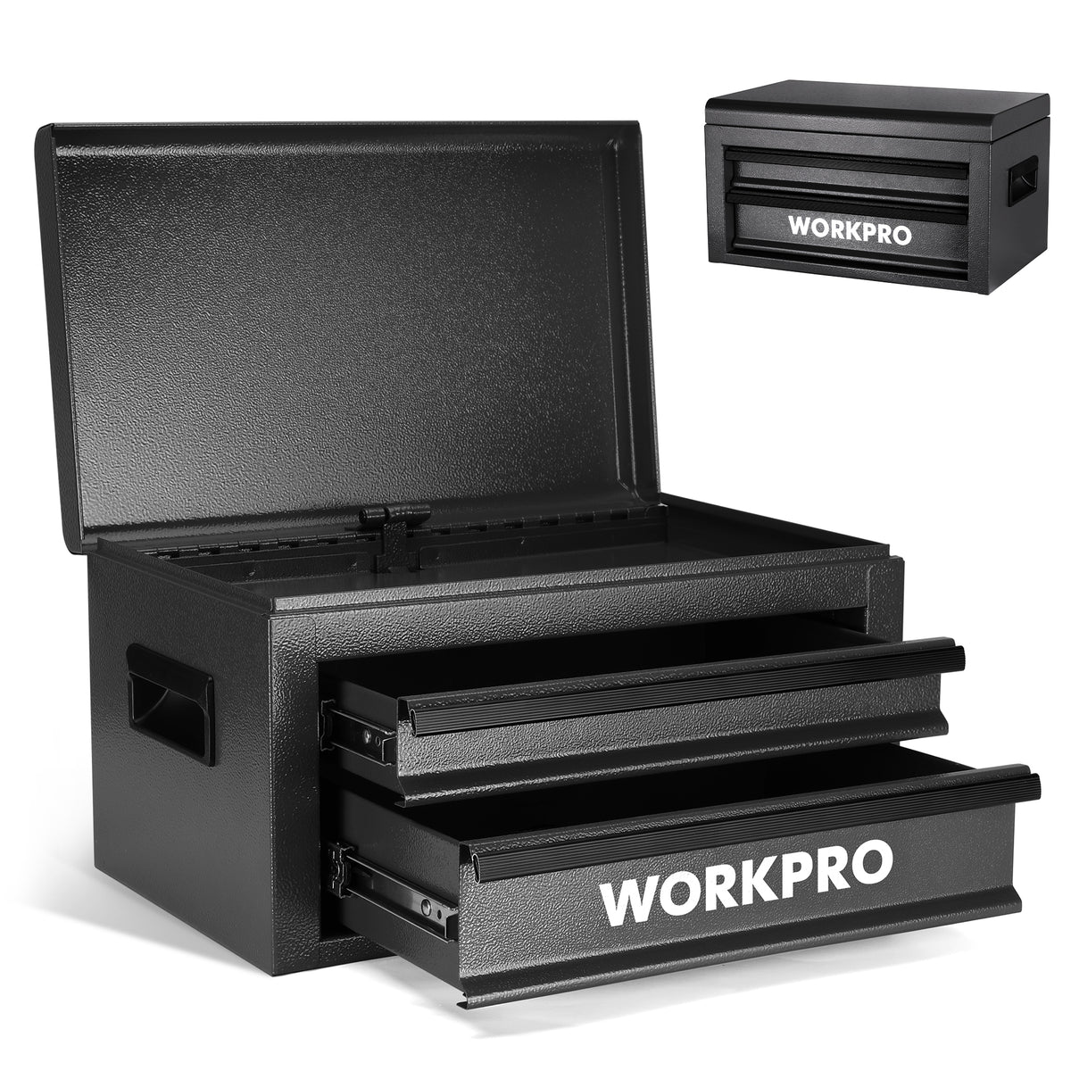 Workpro 15 inch metal tool box with two drawers and top storage in black, featuring an integrated safety lock.