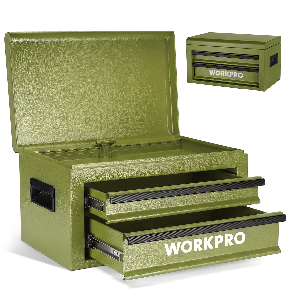 Workpro 15 inch metal tool box with two drawers and top storage in olive green, displayed open with hinged lid