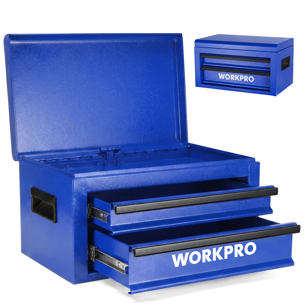 Workpro 15-inch metal tool box in blue with ball-bearing drawer slides for workshops and garages