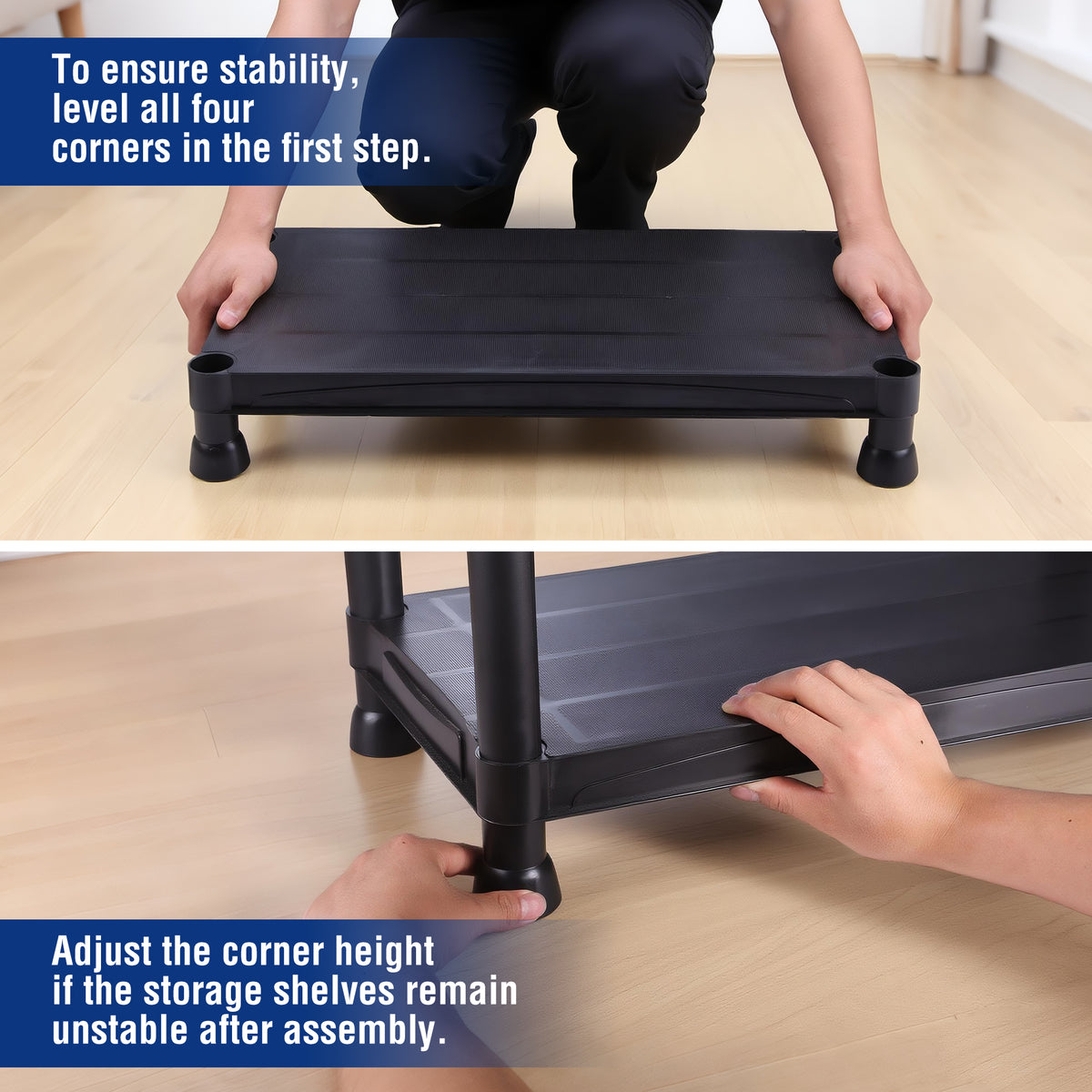 Black 4-tier plastic shelf base corner with adjustable leg being assembled