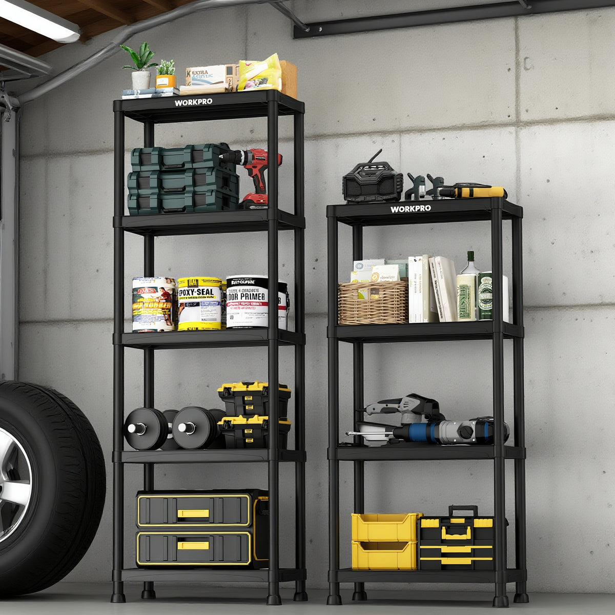 Two black 5-tier freestanding storage shelves filled with garage tools and supplies