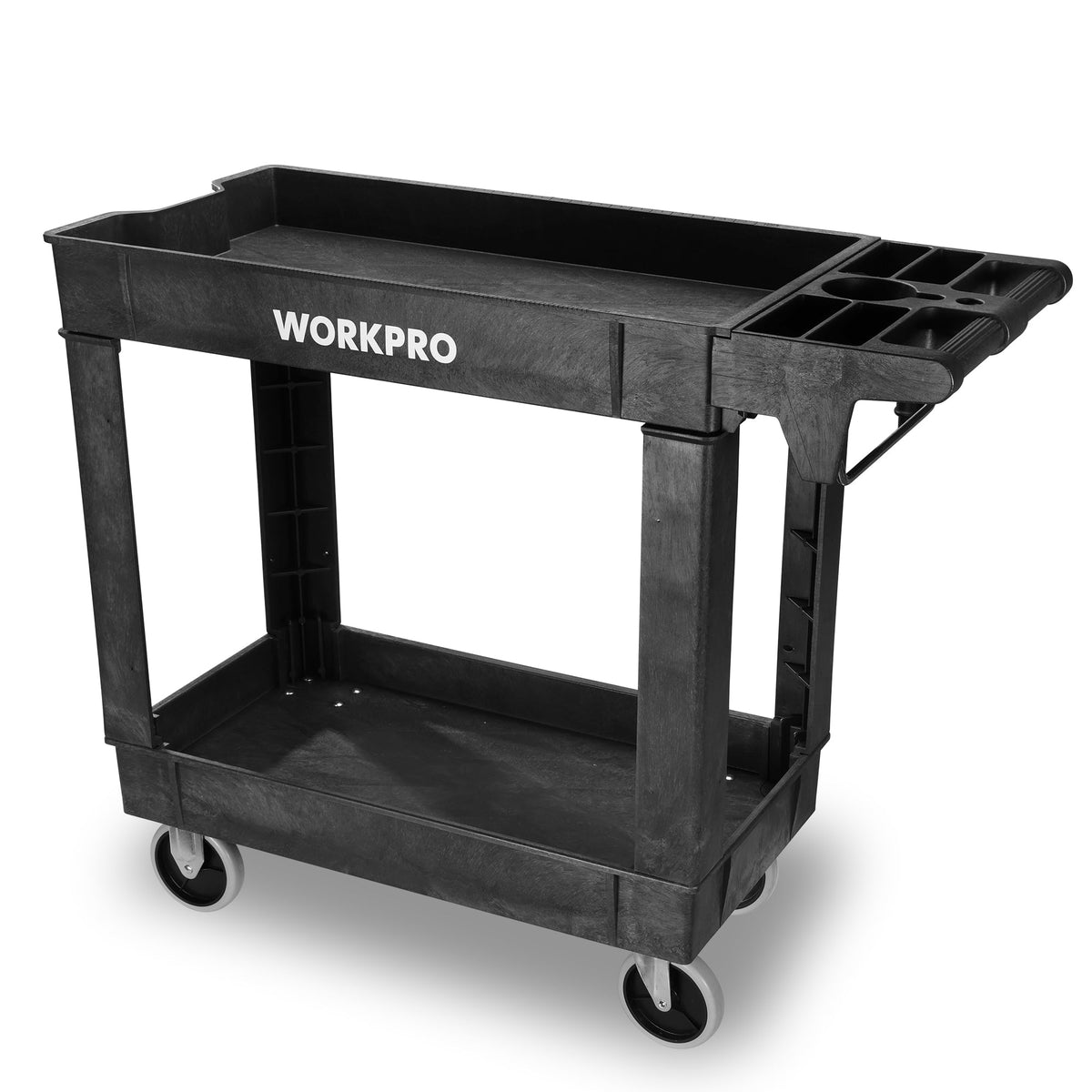 WORKPRO black 2-tier utility service cart with side handles and four caster wheels