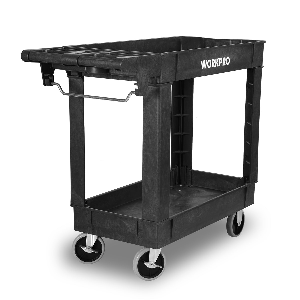 Workpro 500 lb 2-tier utility service cart in black PP plastic with open shelves and a push handle for workshops