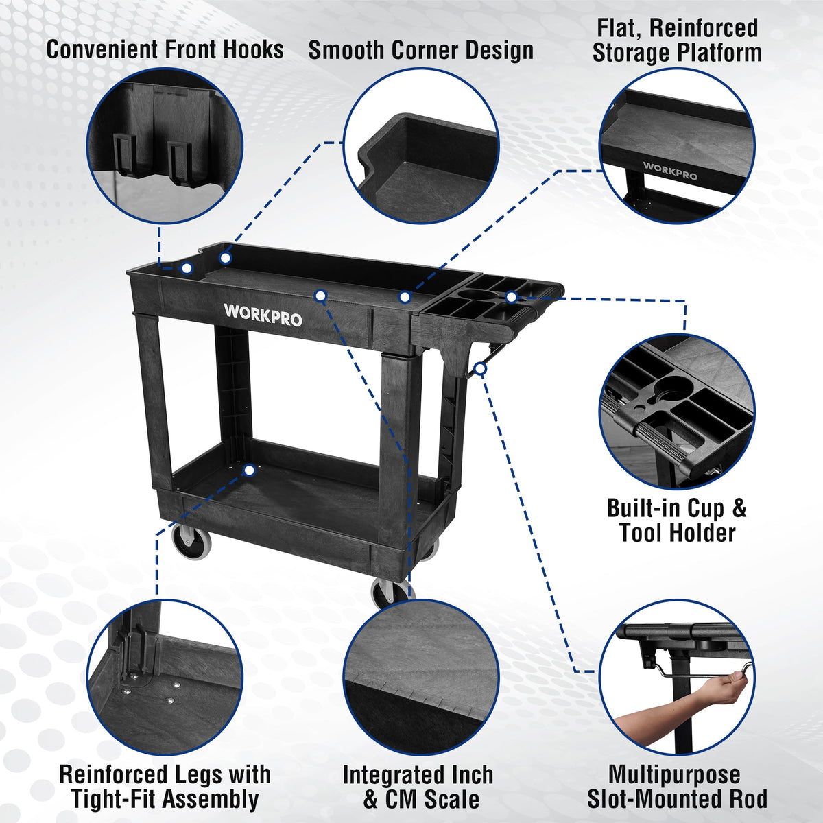 Black 2-tier work cart with front hooks, reinforced legs, and inch/cm scale on side
