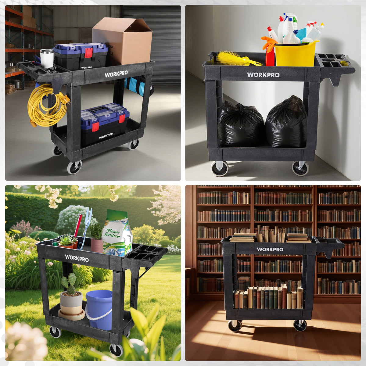 WORKPRO black 2-tier cart with open compartments for storing tools and supplies on casters