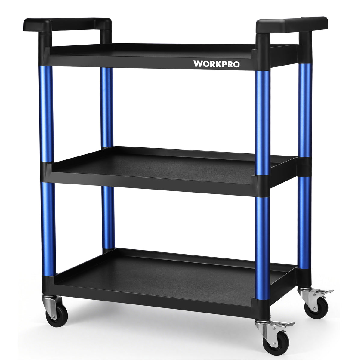 Workpro three tier service utility cart in black and blue with textured shelves for organized storage