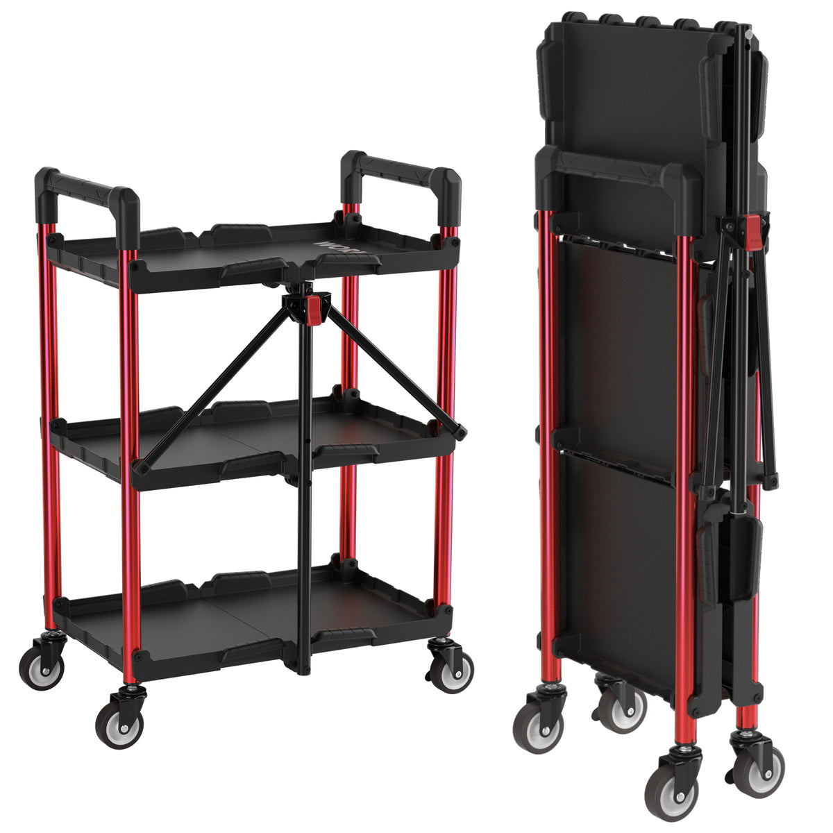 Workpro 3-Tier collapsible service cart in black and red with aluminum and thick PP construction, shown open and folded.
