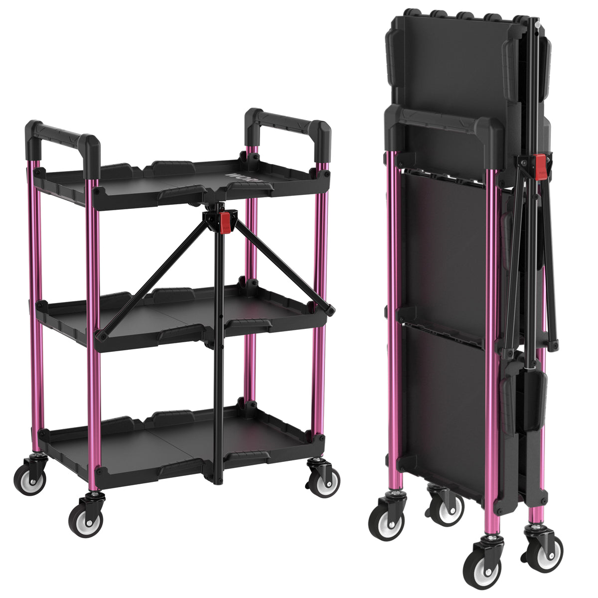 Workpro three tier collapsible service cart in black and pink with aluminum and thick PP construction