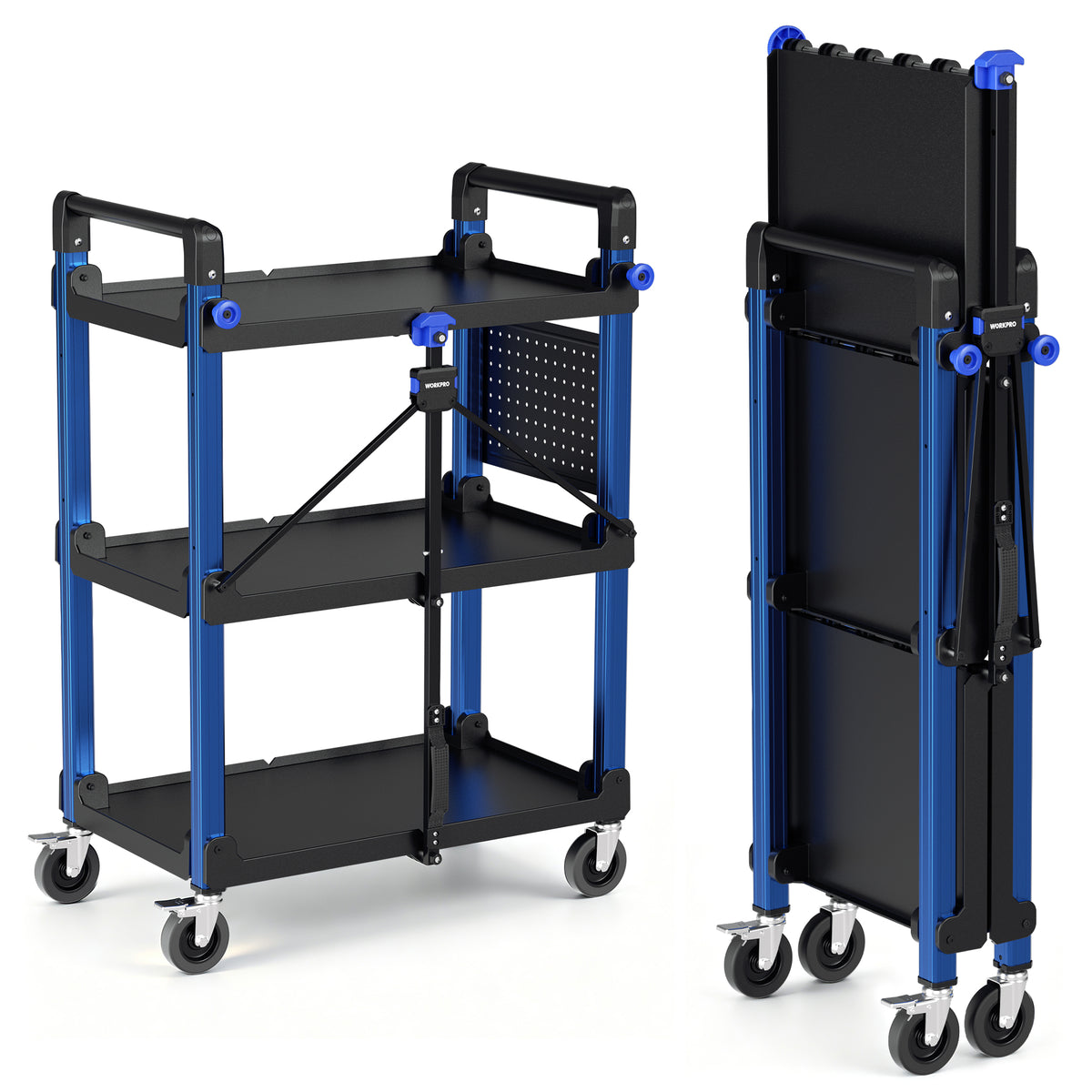 Workpro 3-tier heavy-duty collapsible service cart in blue and black with pegboard and tool hooks.