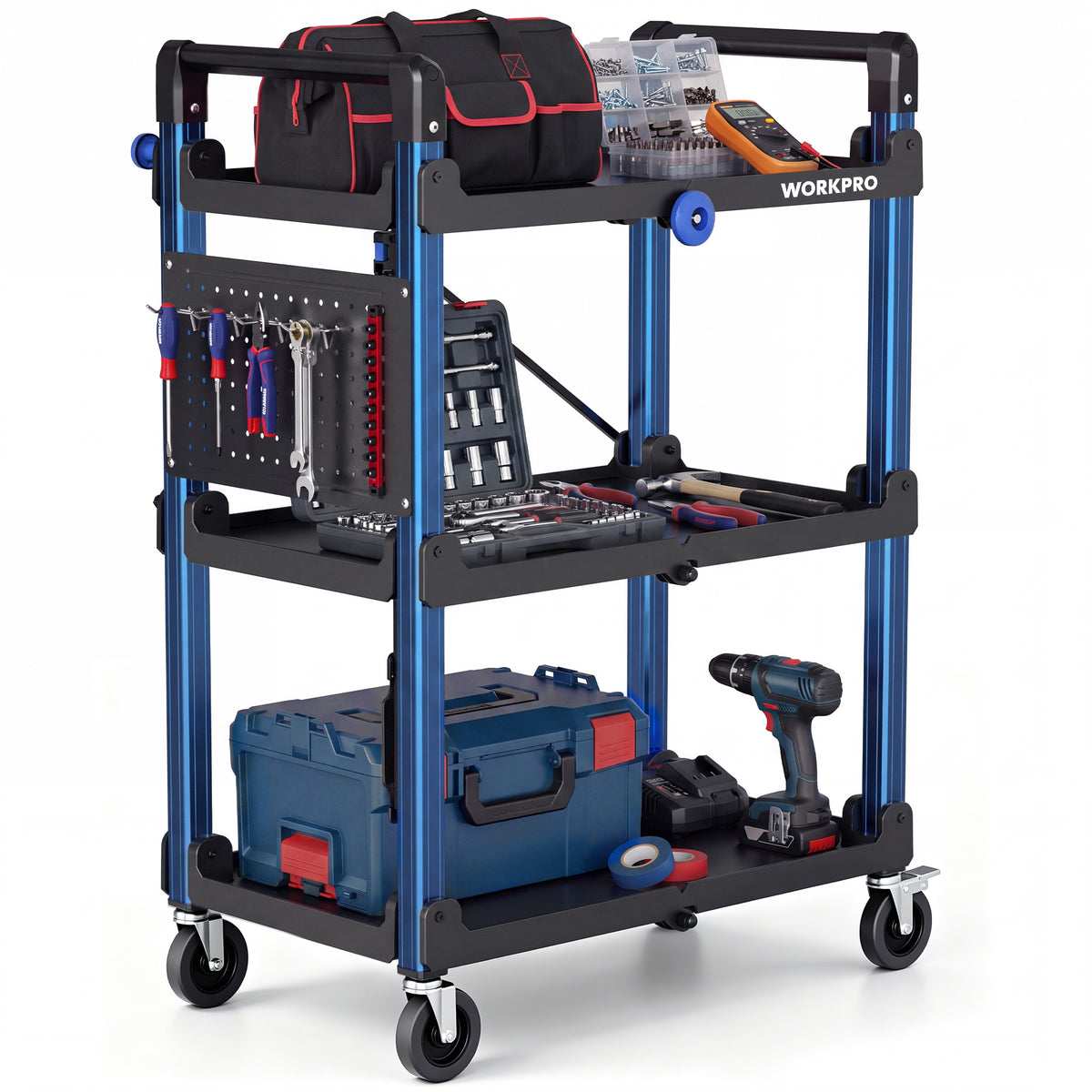Workpro three-tier heavy duty collapsible service cart in blue and black, featuring a pegboard with 1/4 inch holes and tool