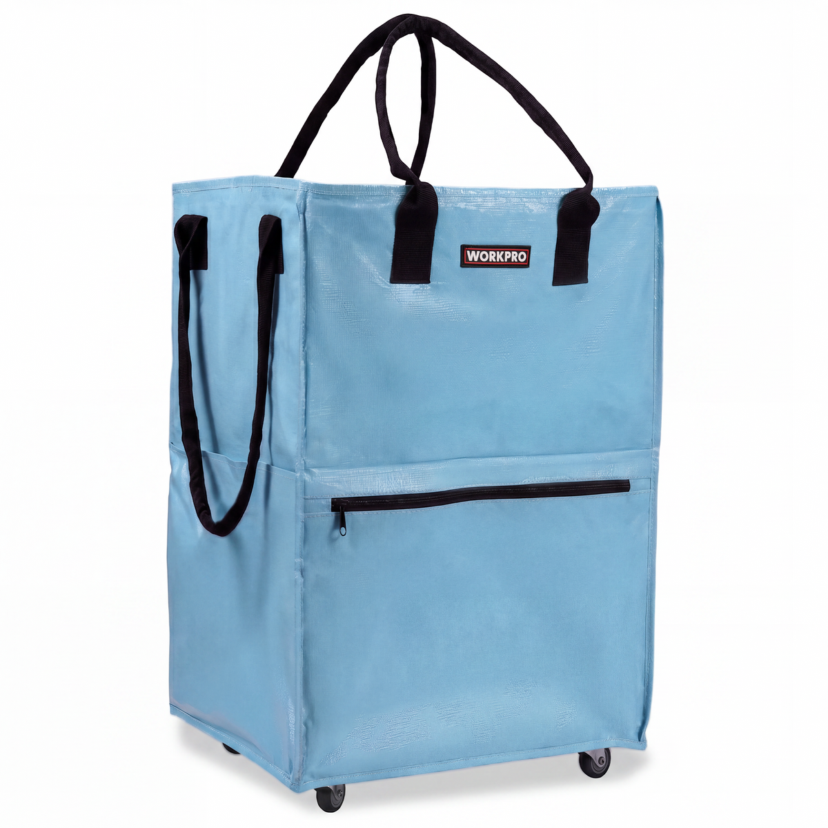 WORKPRO Large Rolling Grocery Bag tote in light blue with black handles, durable quality innovation and secure wheels