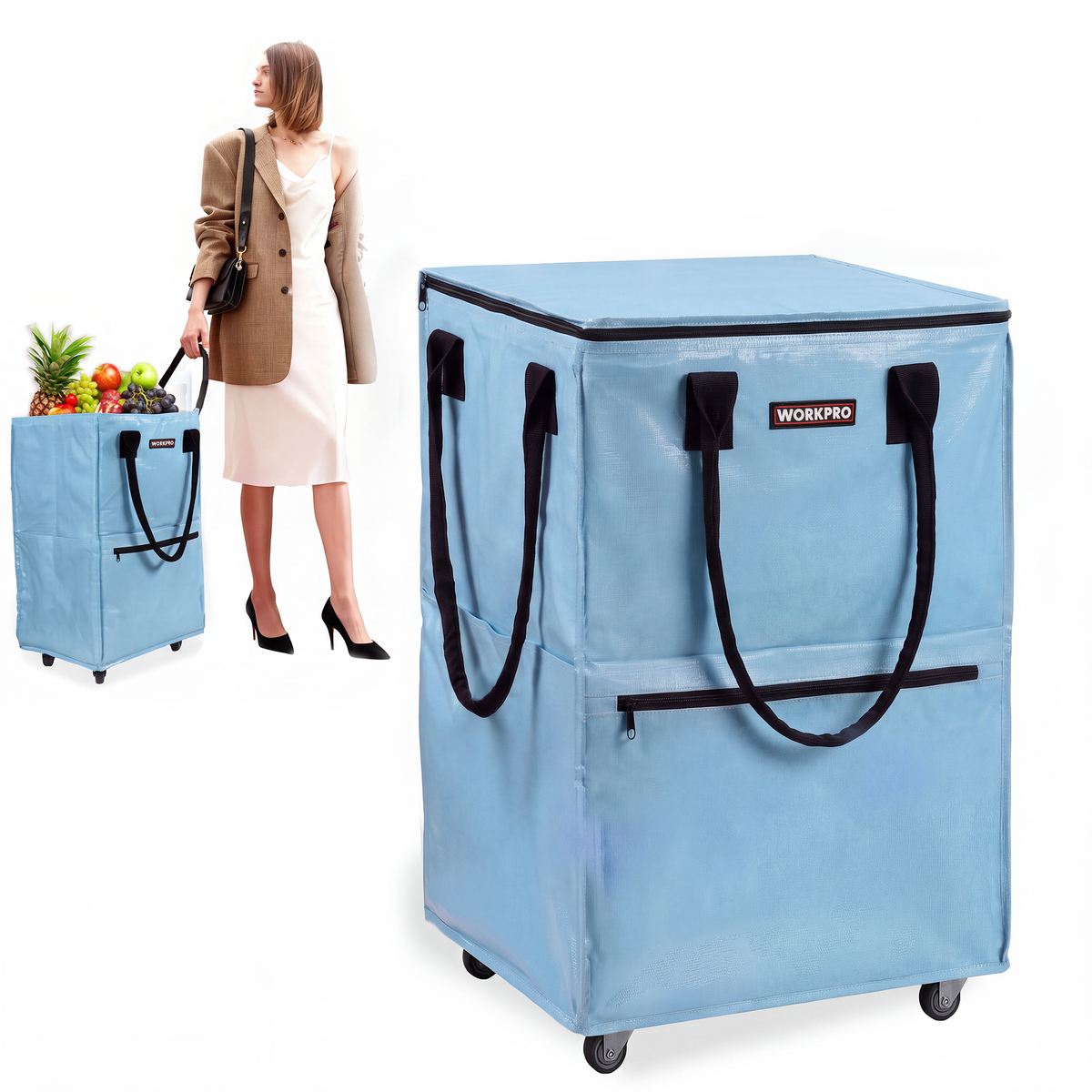 WORKPRO Large Rolling Grocery Bag tote in light blue with quality innovation, secure and durable 5 wheel convenience