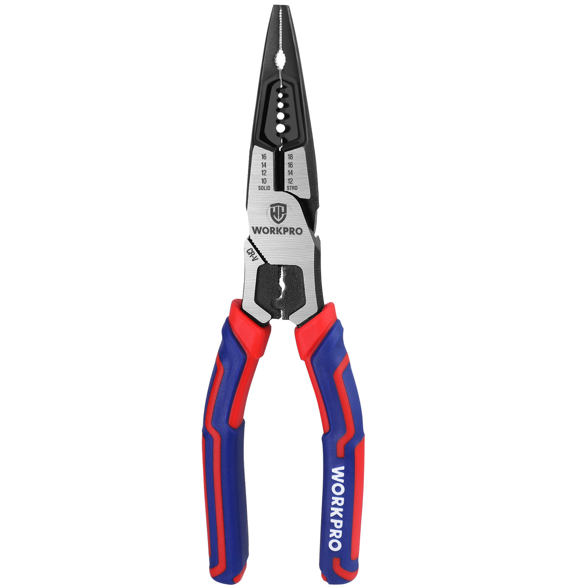 Workpro 6-in-1 needle nose pliers with blue and red textured handles and exposed metal jaws for home crafts.