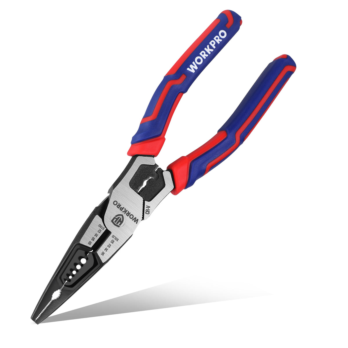 Workpro 6-in-1 needle nose pliers with blue and red molded handles and tapered jaws for precise gripping.