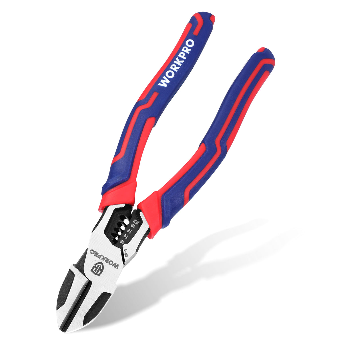 Workpro 2-in-1 diagonal cutting pliers with wire stripper in blue and red, shown with angled jaws