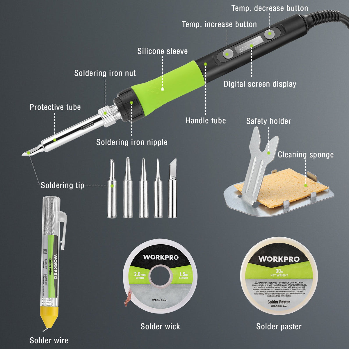 WORKPRO soldering iron kit parts labeled: digital display, buttons, safety holder, sponge