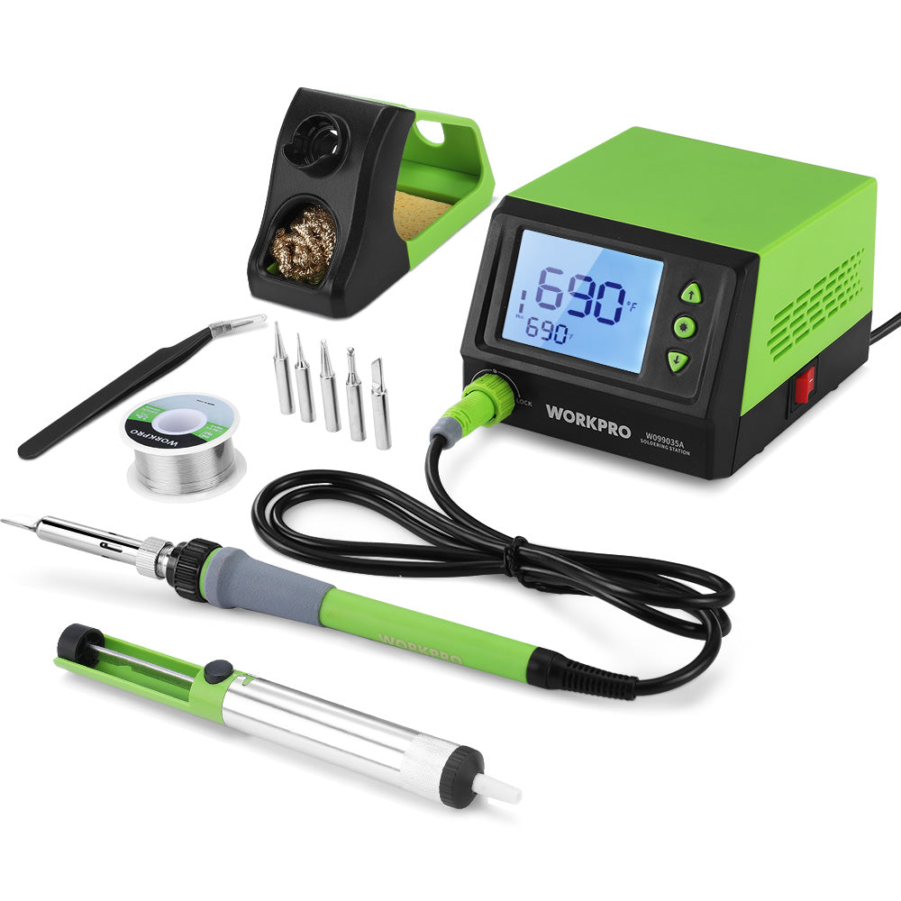 WORKPRO Digital Soldering Station Kit with green and black housing, innovation quality and secure durable control
