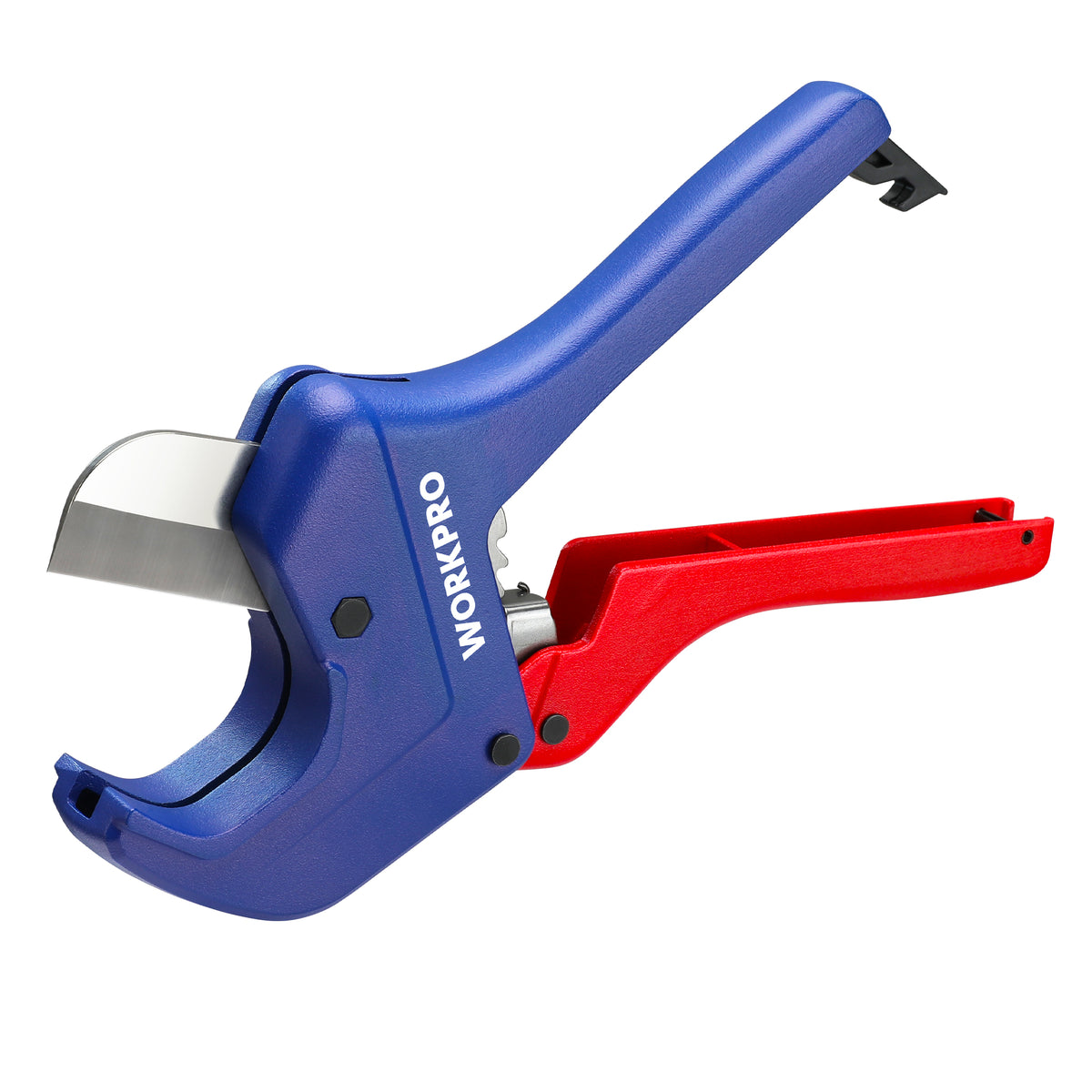 WORKPRO Ratchet PVC Pipe Cutter Tool, blue and red handheld cutter for plastic pipes, secure and durable quality