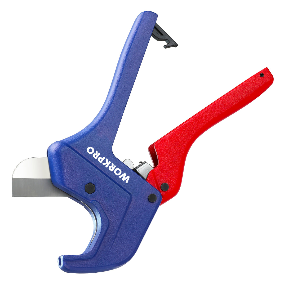 WORKPRO Ratchet PVC pipe cutter tool in blue and red with stainless steel blade for secure cutting