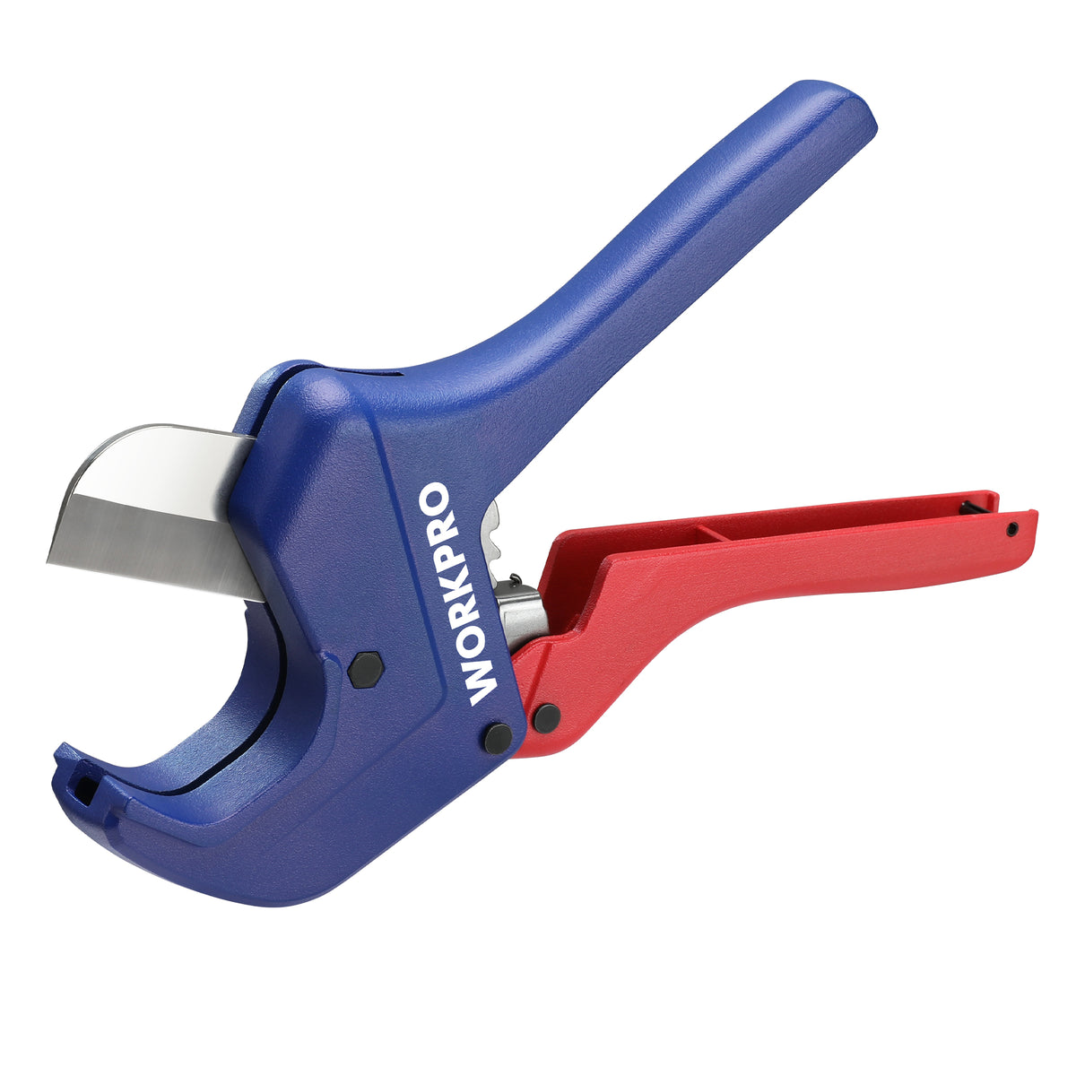 WORKPRO Ratchet PVC Pipe Cutter Tool in blue and red with secure locking for durable, convenient cutting
