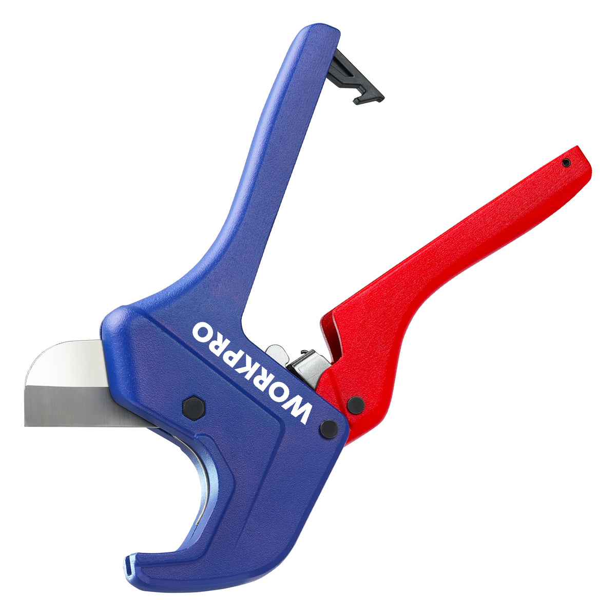 WORKPRO ratchet PVC pipe cutter tool in blue and red with secure locking and durable quality
