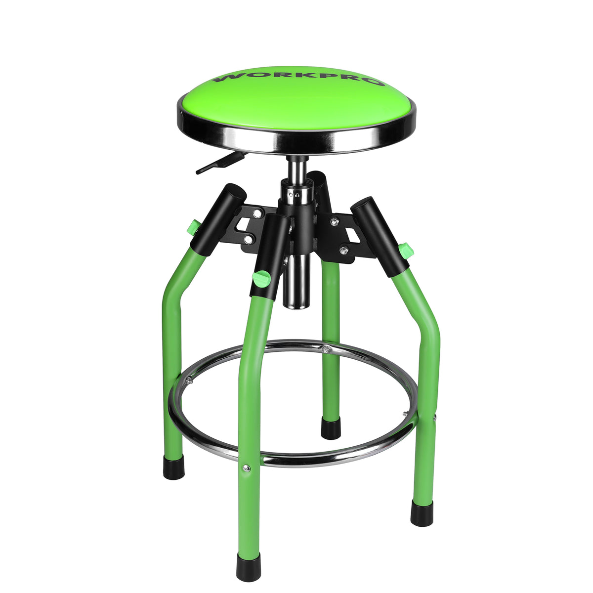 Workpro heavy duty adjustable hydraulic shop stool in green with a padded soft seat and 360 degree rotation.